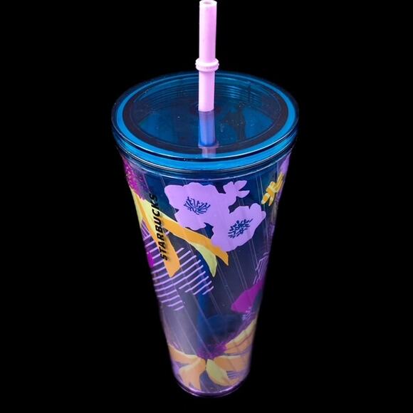 Starbucks Venti Purple Floral Wave Tumbler with Straw Double Wall Screw on Lid - Picture 3 of 8